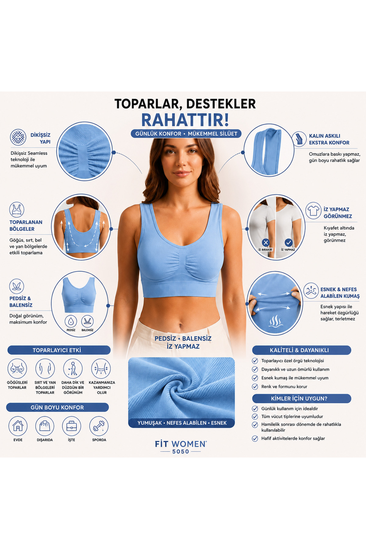 Göğüs Toparlayıcı Dikişsiz Seamless Büstiyer Korse – Kalın Askılı Pedsiz Balensiz Toparlayıcı Sütyen 5050 Mavi 5