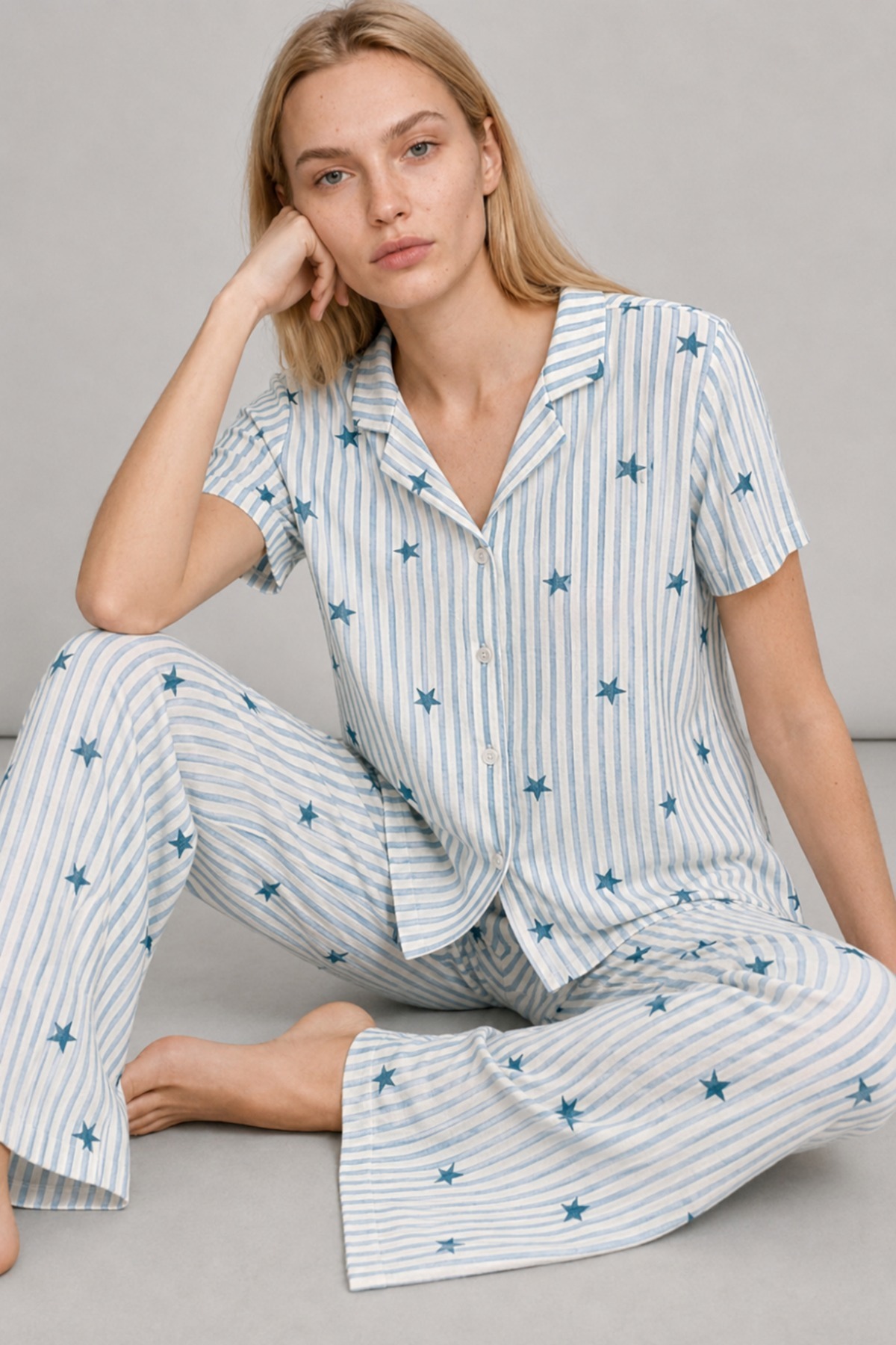 3 Adet Kadın Kısa Kollu Rahat Pijama Takımı Mor 5