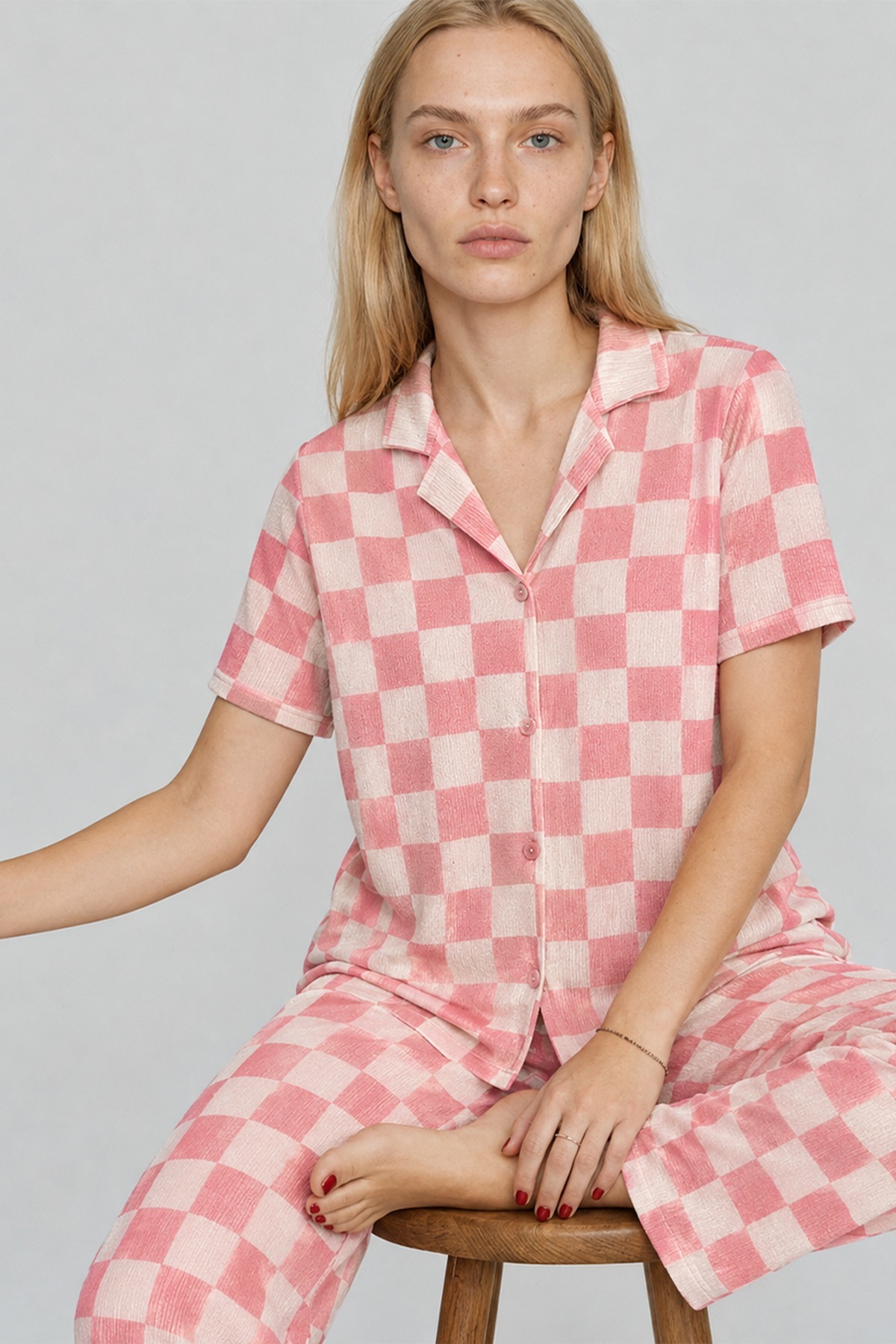 3 Adet Kadın Kısa Kollu Rahat Pijama Takımı Yeşil 6