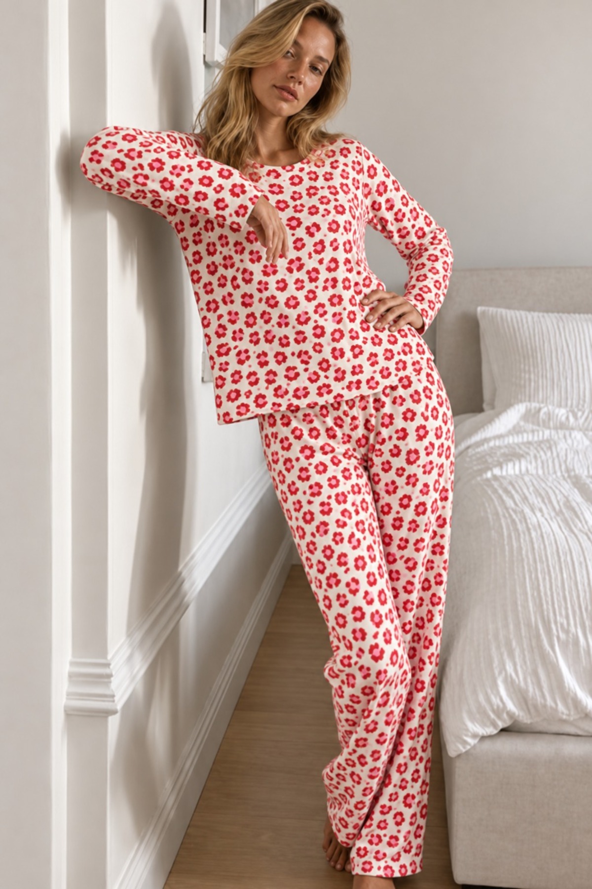 3 Lü Kadın Comfort Esnek Pijama Takımı Kırmızı 3