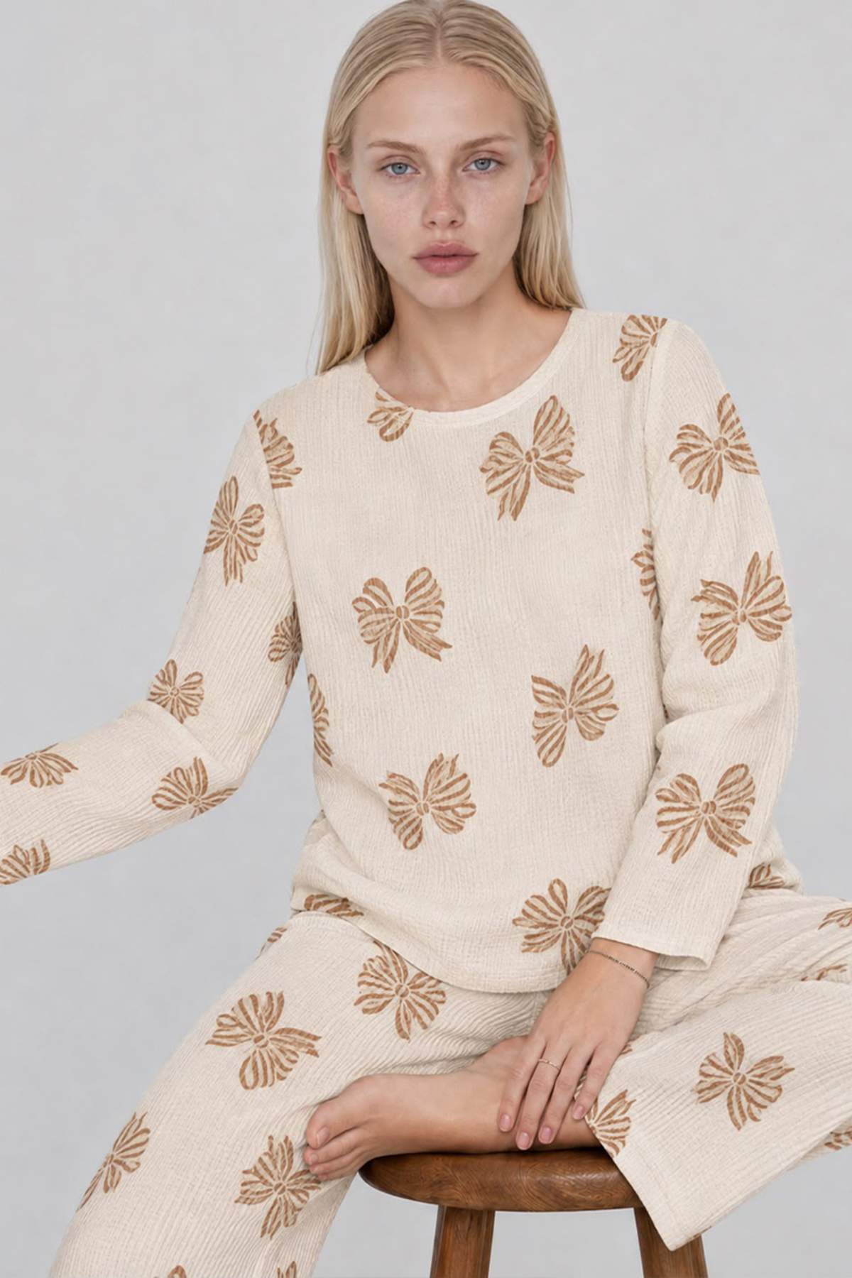 3'Lü Kadın Desenli Uzun Kollu Pijama Takımı Ekru 5