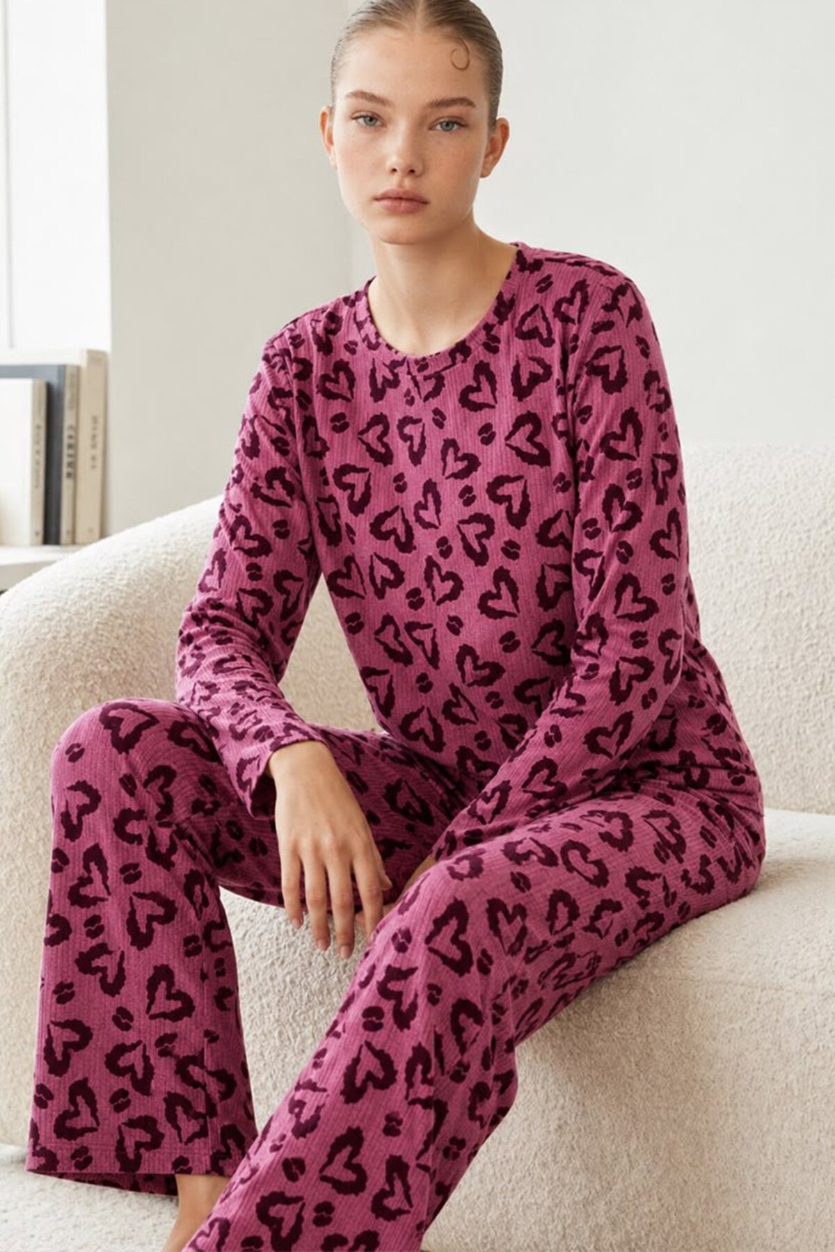 3'Lü Kadın Çizgili Regular Fit Pijama Takımı Lila 4