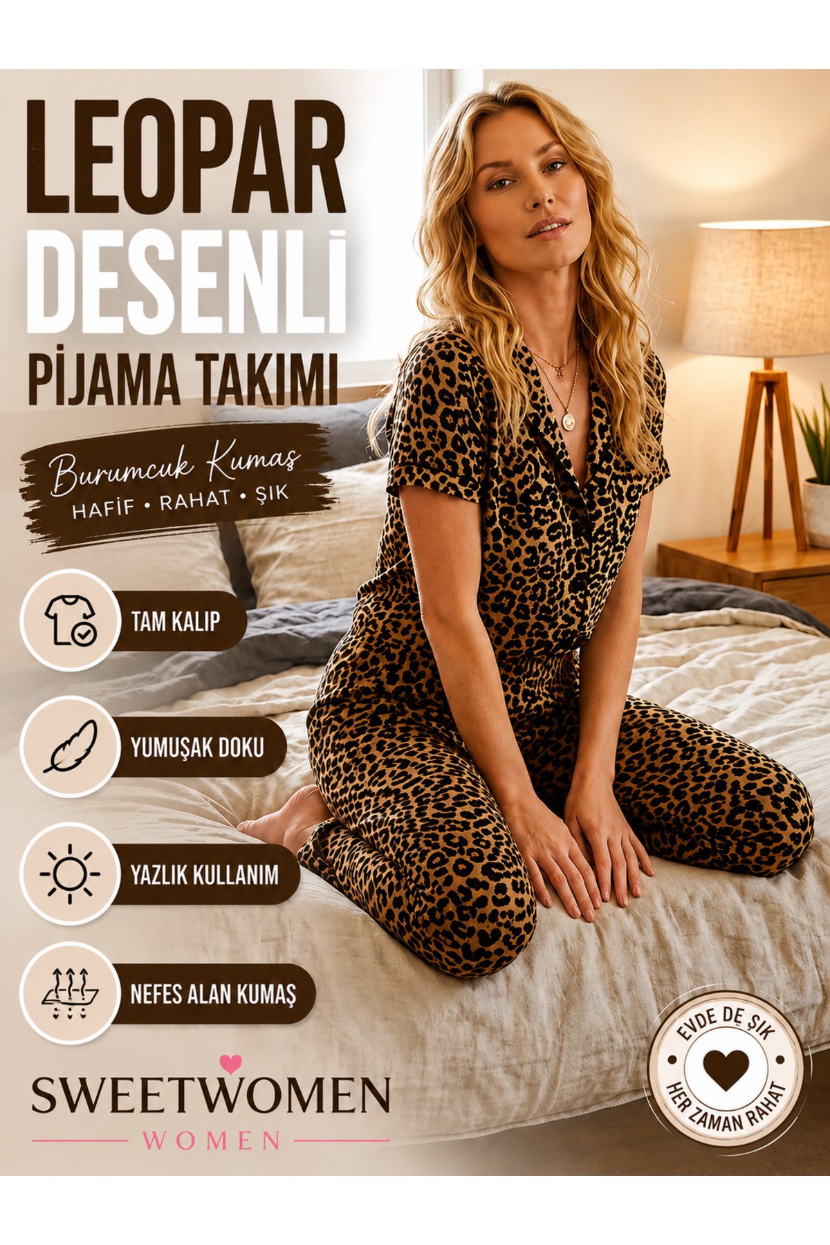 Kadın Leopar Desenli Bürumcük Kumaş Pijama Takımı Yazlık Rahat Kalıp Düğmeli Ev Giyim 4635 Kahverengi 4