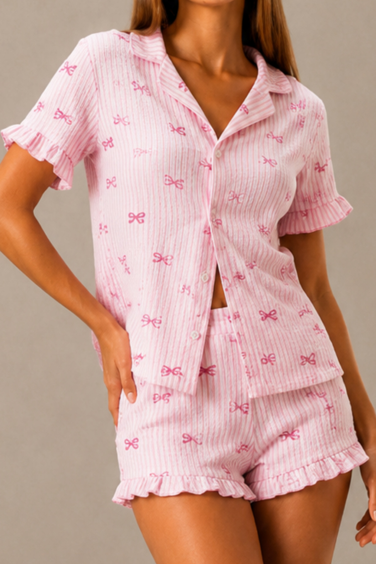 Kadın Günlük Düğmeli V Yaka Pembe Pijama Takımı 6