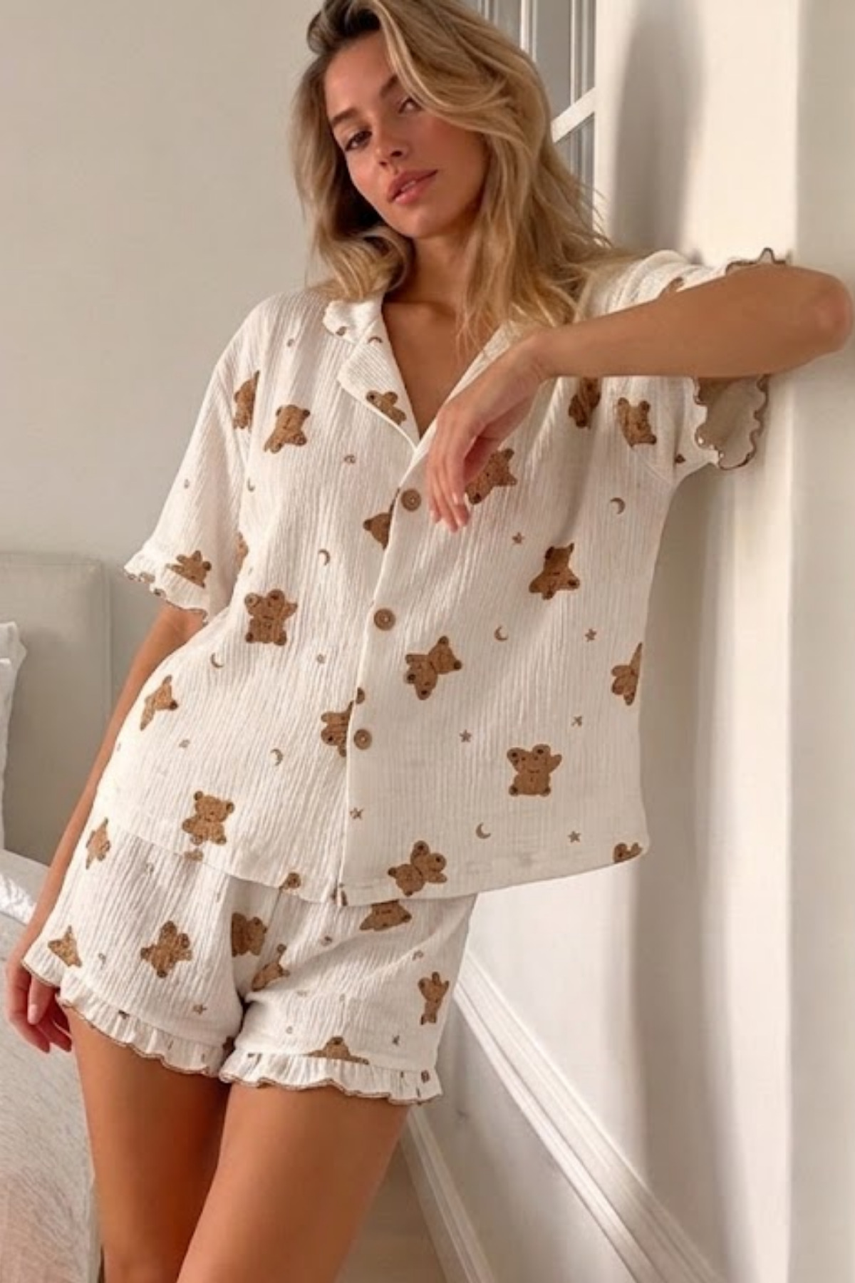 Kadın Viskon Kısa Kol Regular Kar Beyaz Pijama Takımı 4