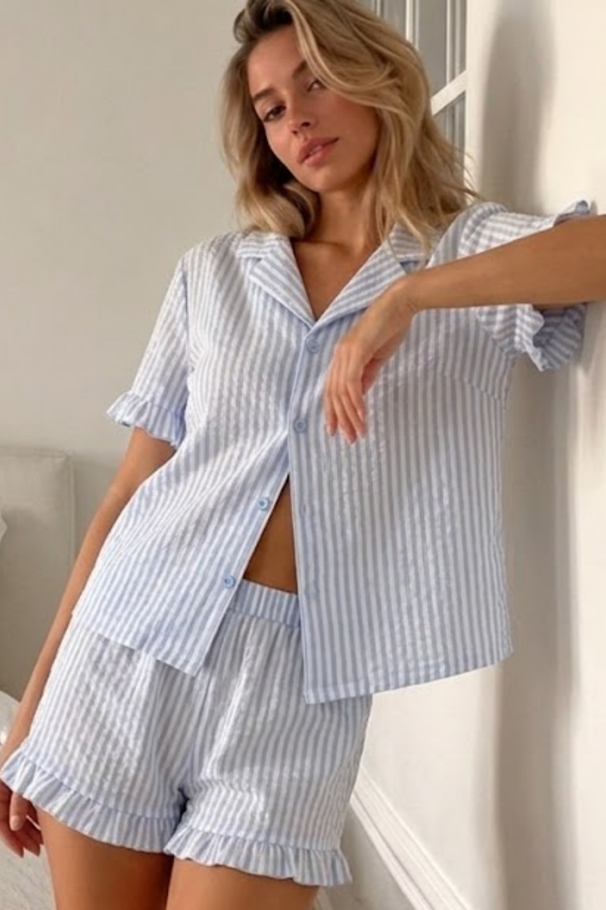 Kadın Viskon Kısa Kol Regular Mavi Pijama Takımı 4
