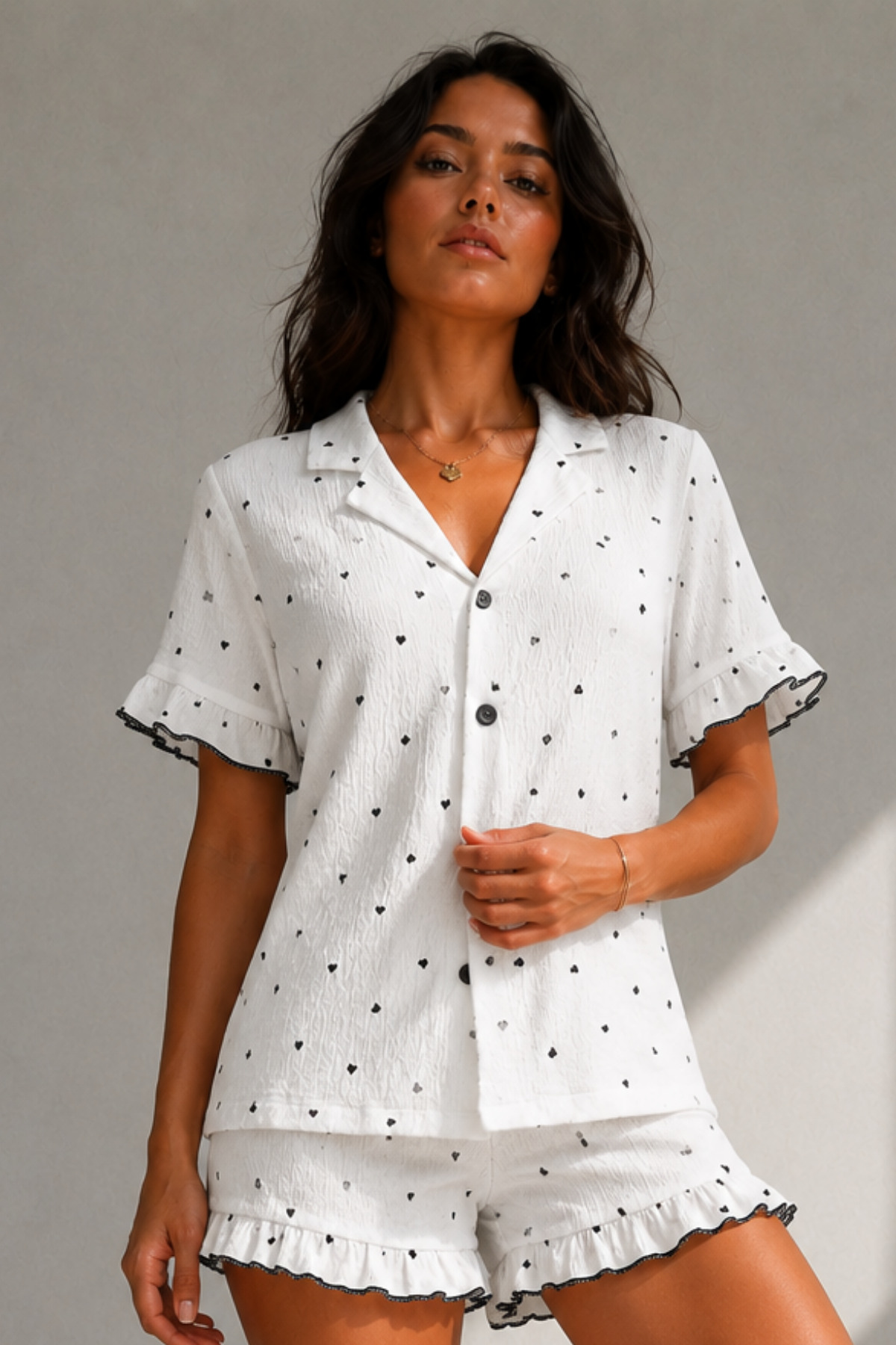 Kadın Süprem Gömlek Şort Düğme Beyaz Pijama Takımı 6
