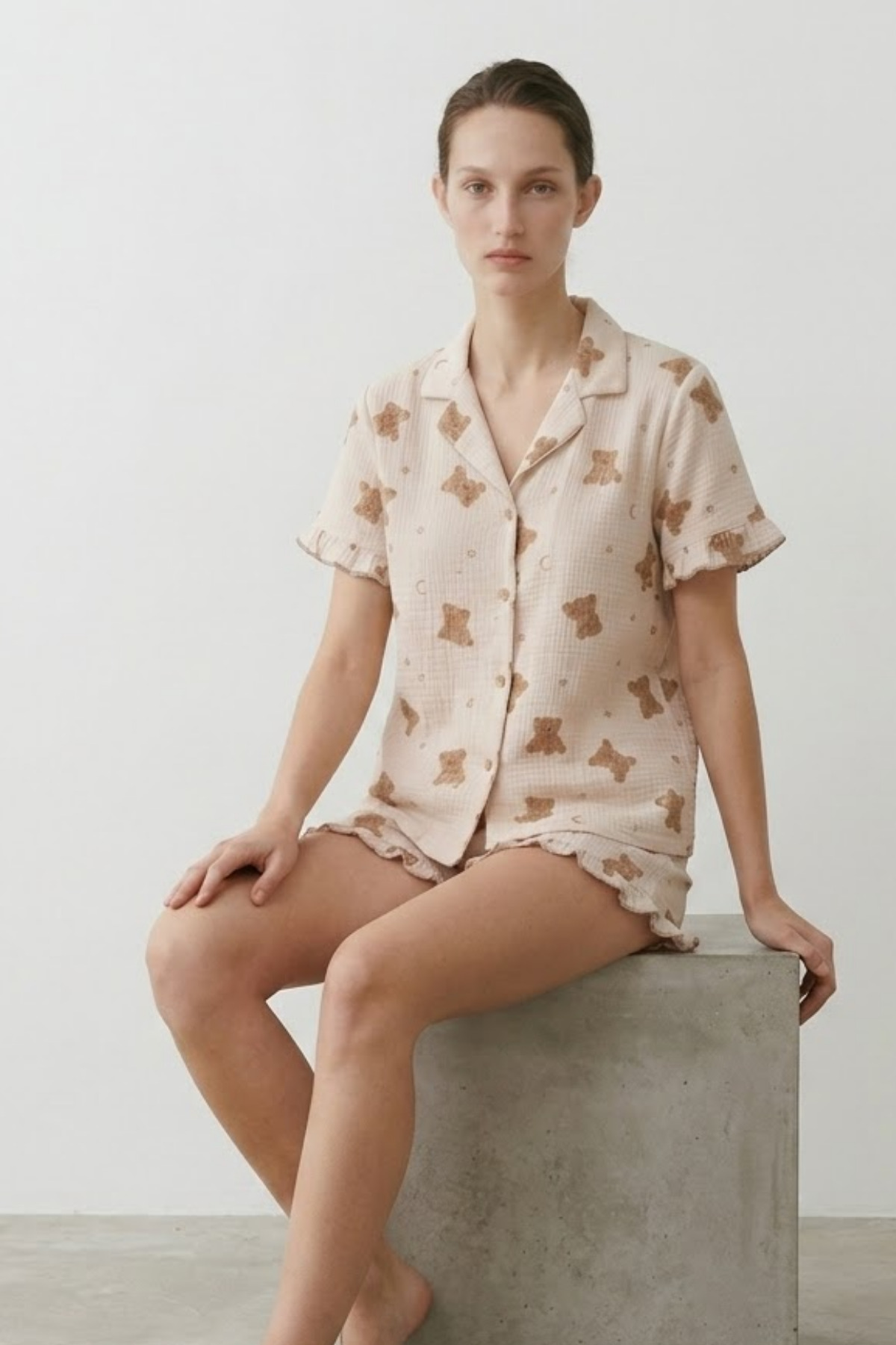 Kadın Relaxed Lastikli Kar Beyaz Pijama Takımı 6