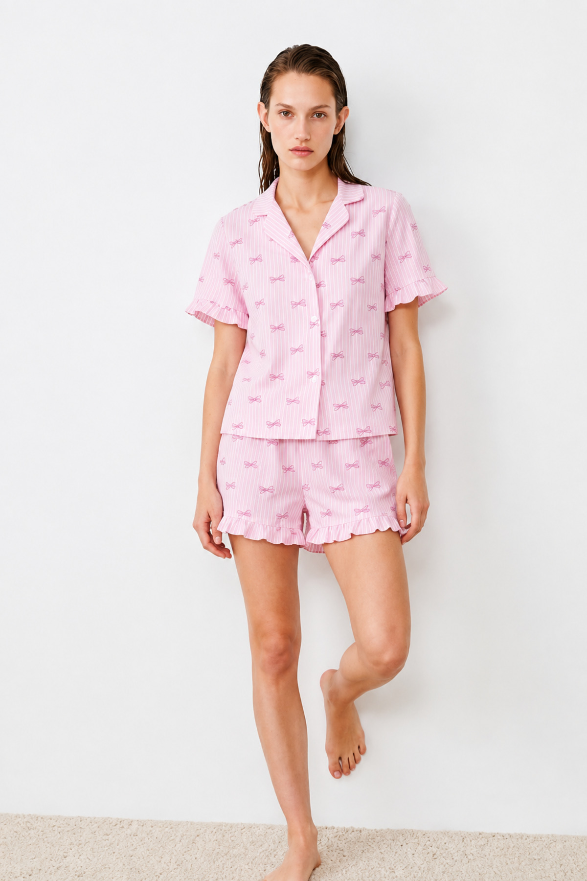 Kadın Relaxed Lastikli Pembe Pijama Takımı 3