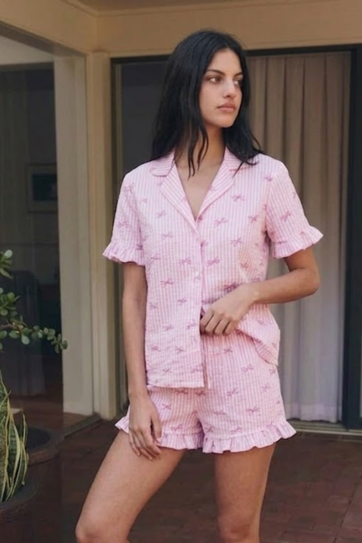 Kadın Esnek Şortlu Bol Pembe Pijama Takımı 5