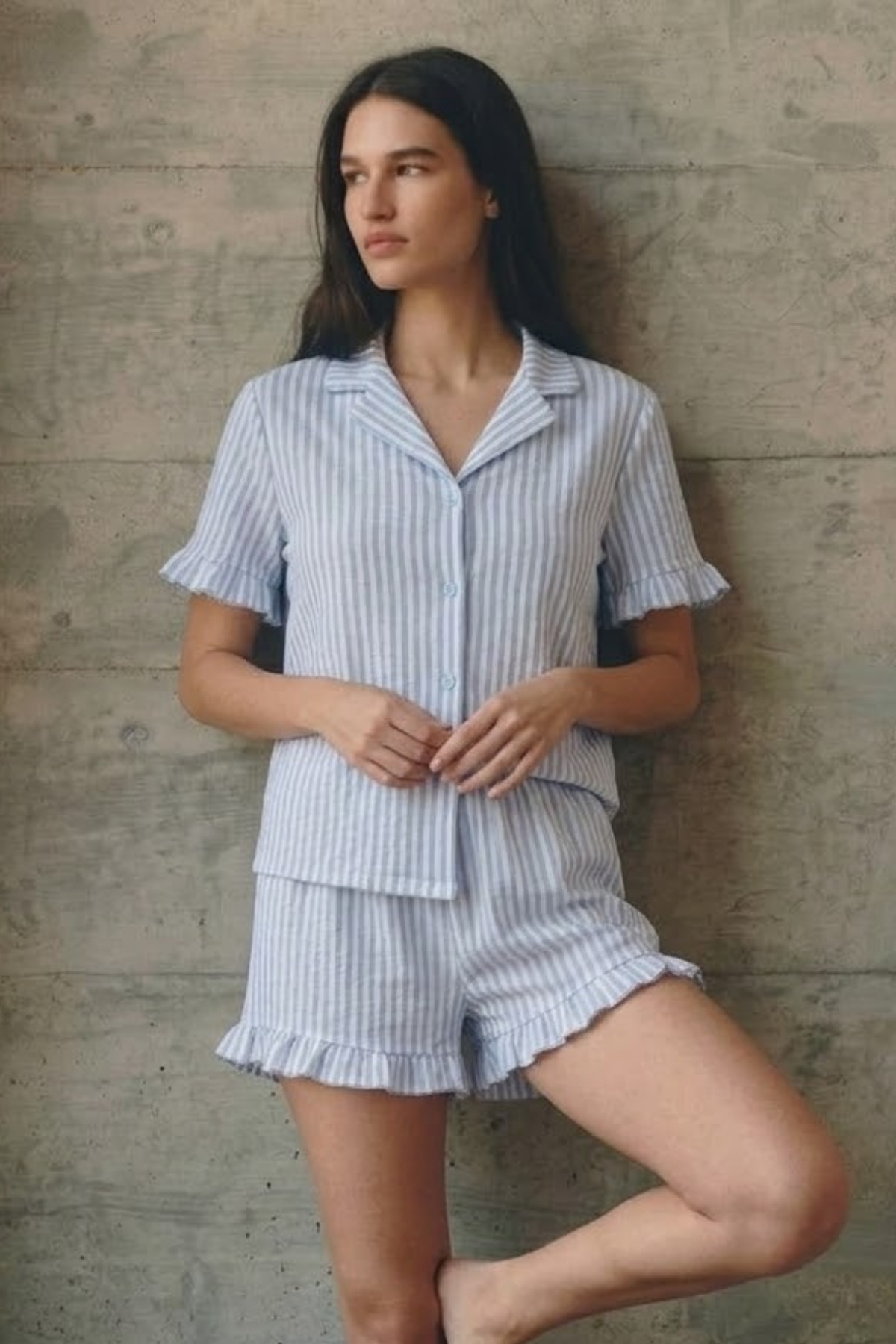 Kadın V Yaka Comfort Fit Mavi Pijama Takımı 4