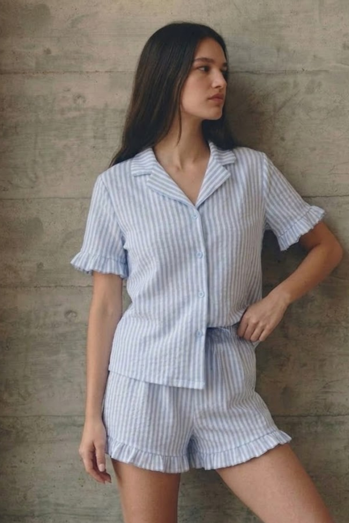 Kadın V Yaka Comfort Fit Mavi Pijama Takımı 5