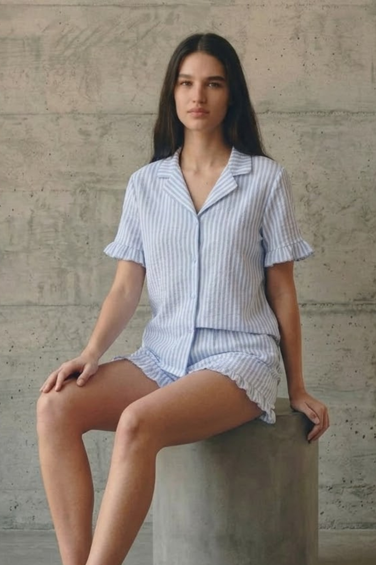 Kadın V Yaka Comfort Fit Mavi Pijama Takımı 6