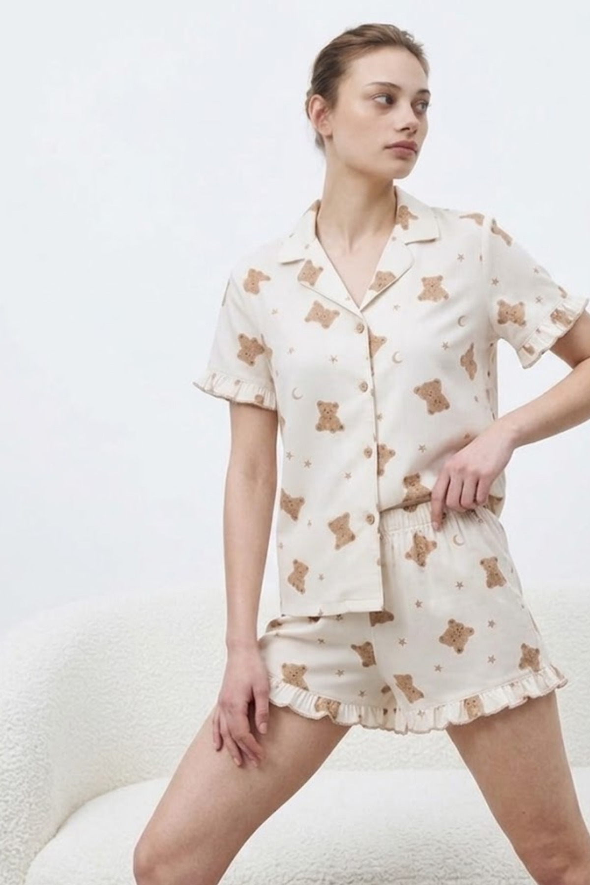 Kadın Premium Fırfırlı Kar Beeyaz Pijama Takımı Kar beyaz 5