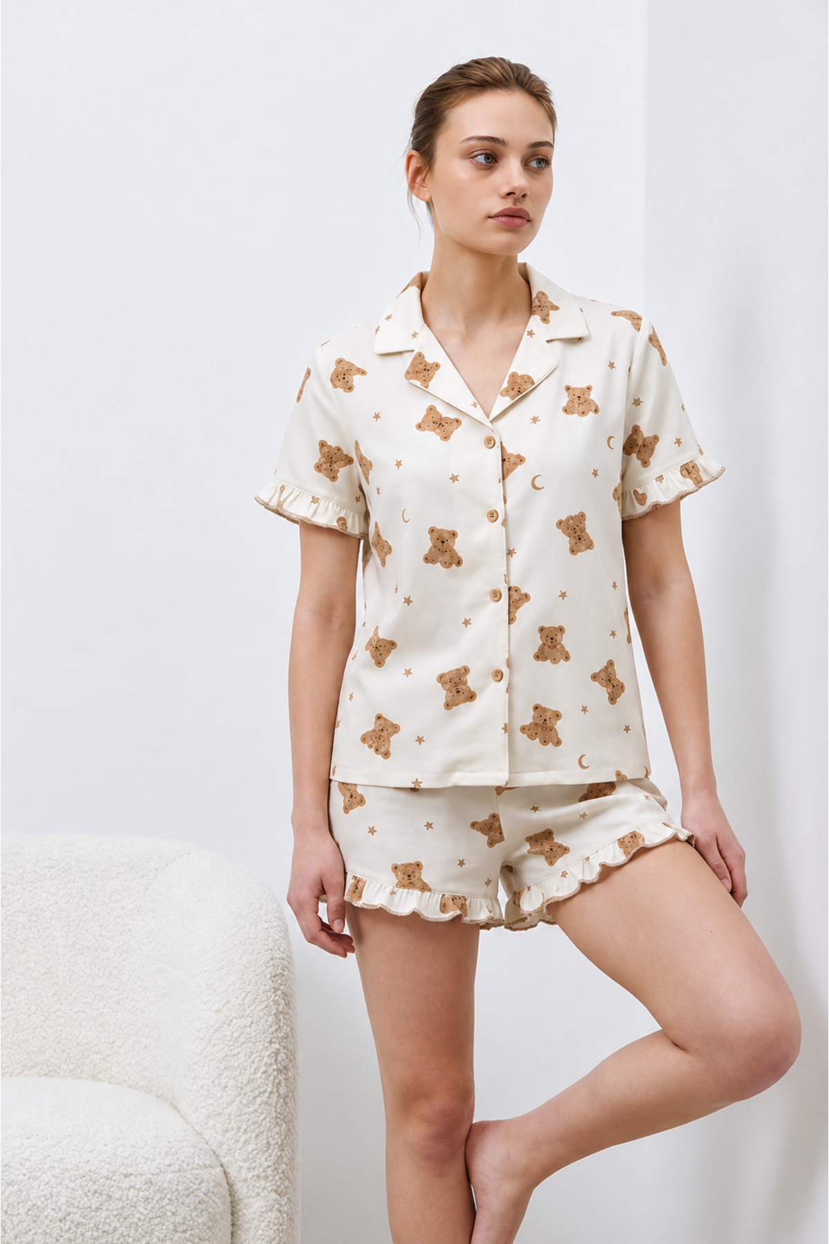 Kadın Premium Fırfırlı Kar Beeyaz Pijama Takımı Kar beyaz 3