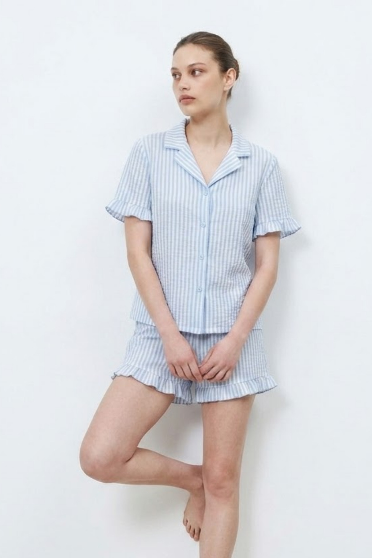 Kadın Premium Fırfırlı Mavi Pijama Takımı 4