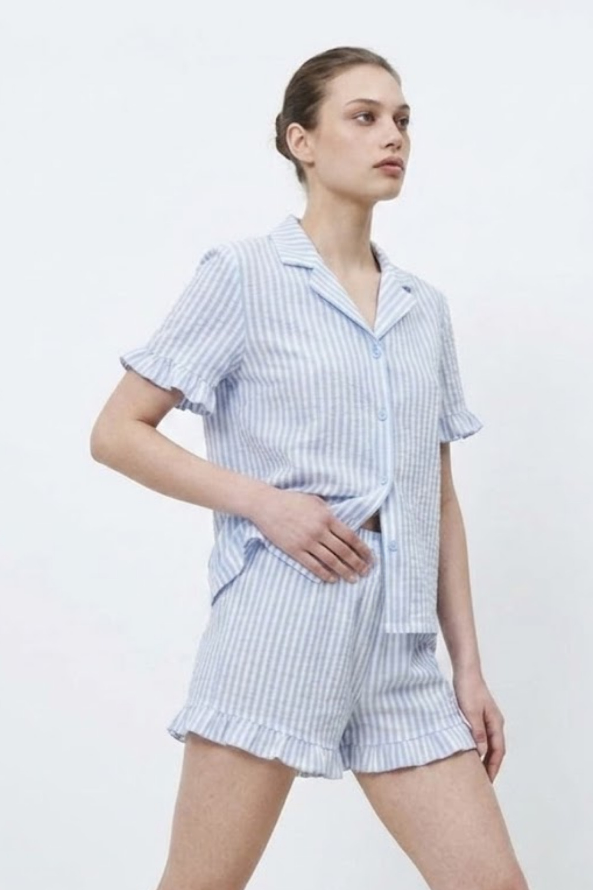 Kadın Premium Fırfırlı Mavi Pijama Takımı 5
