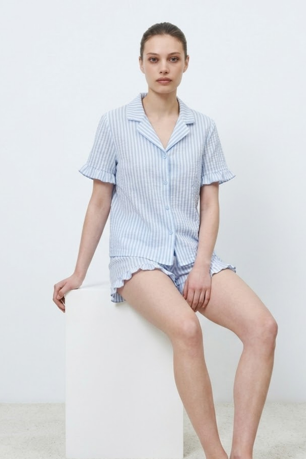 Kadın Premium Fırfırlı Mavi Pijama Takımı 6