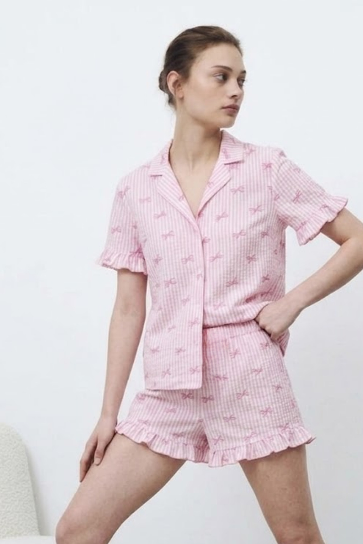 Kadın Premium Fırfırlı Pembe Pijama Takımı 5
