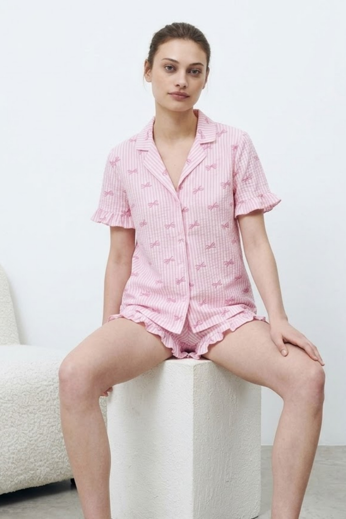 Kadın Premium Fırfırlı Pembe Pijama Takımı 6