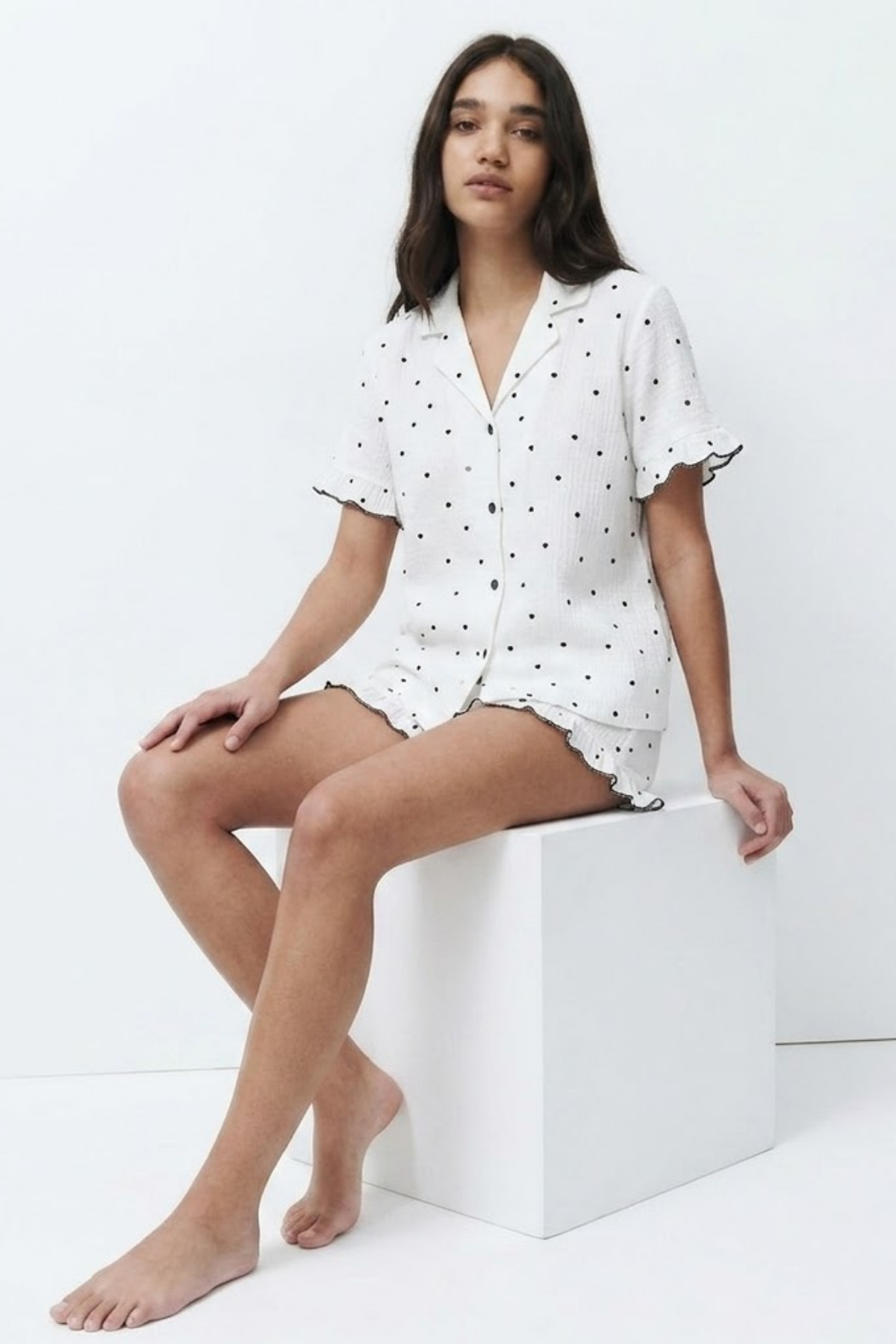 Kadın Desenli Trend Beyaz Pijama Takımı 6