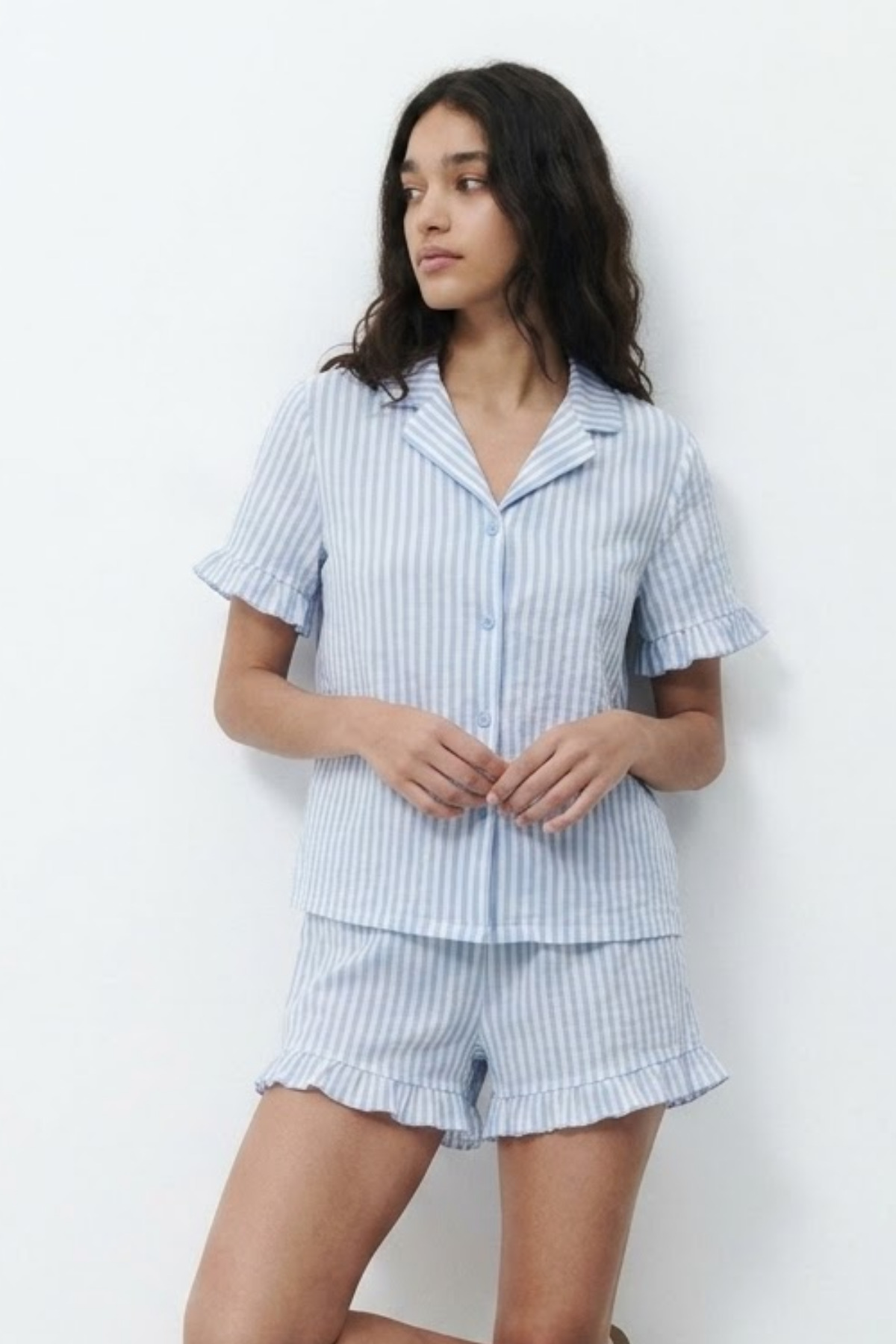 Kadın Desenli Trend Mavi Pijama Takımı 4