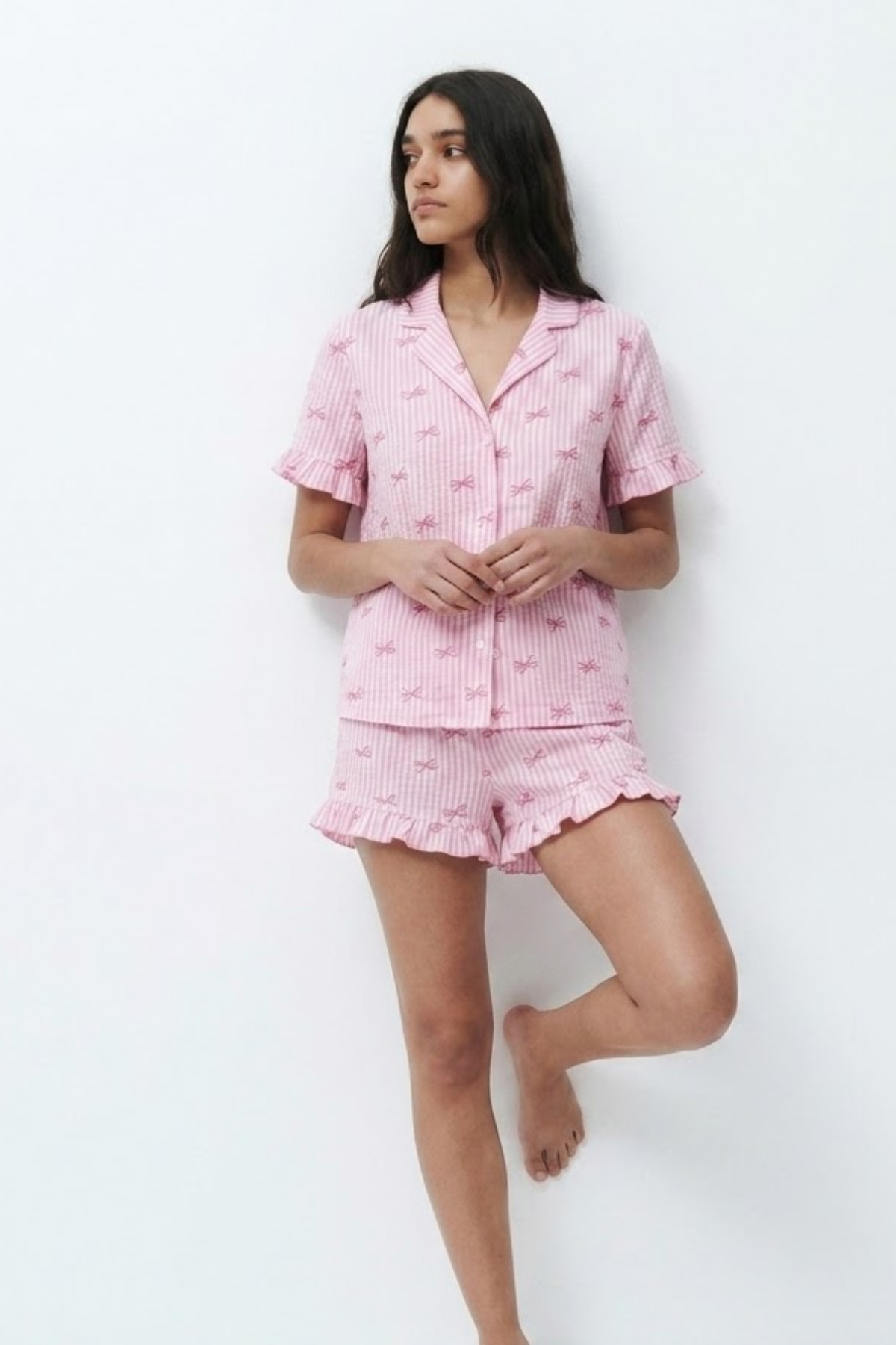 Kadın Desenli Trend Pembe Pijama Takımı 4