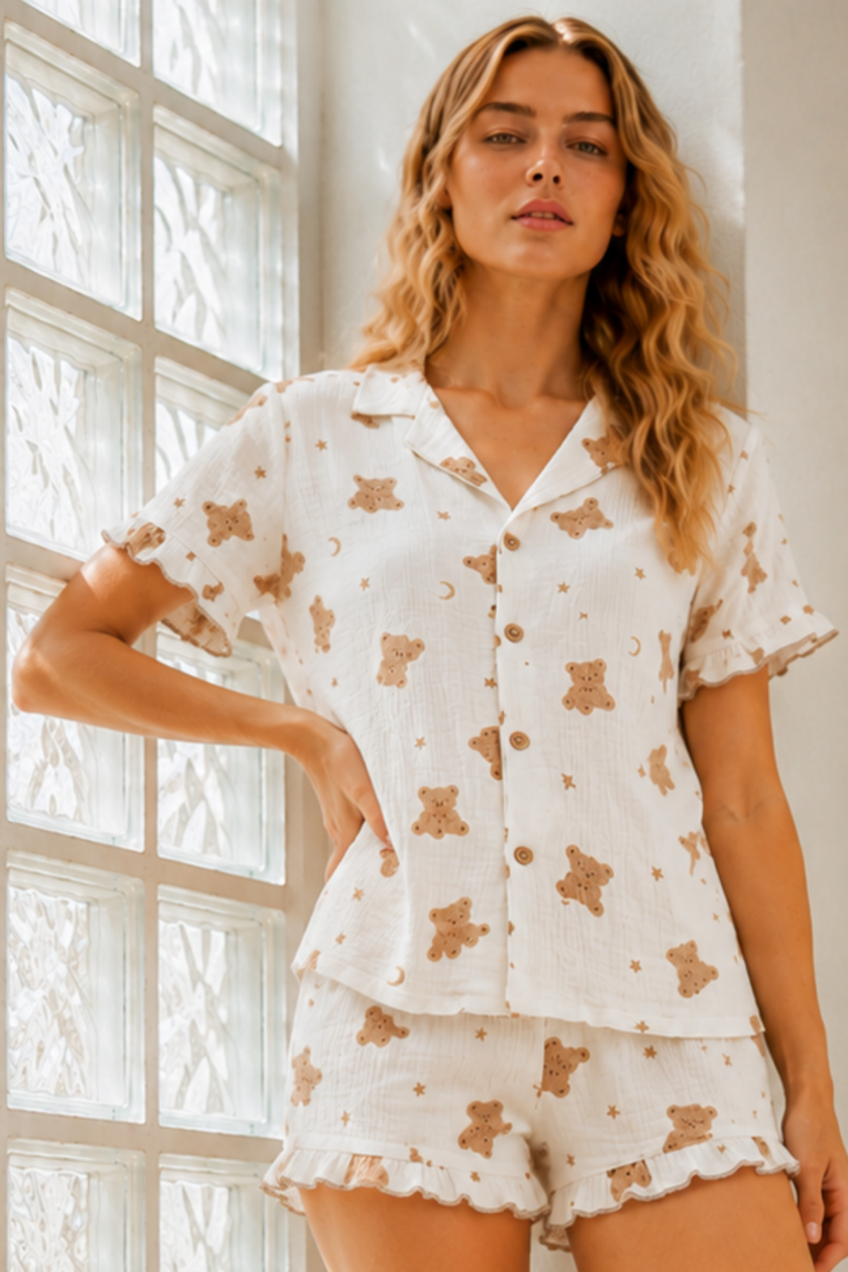Kadın Örme Pamuklu Mini Kar Beyaz Pijama Takımı 6
