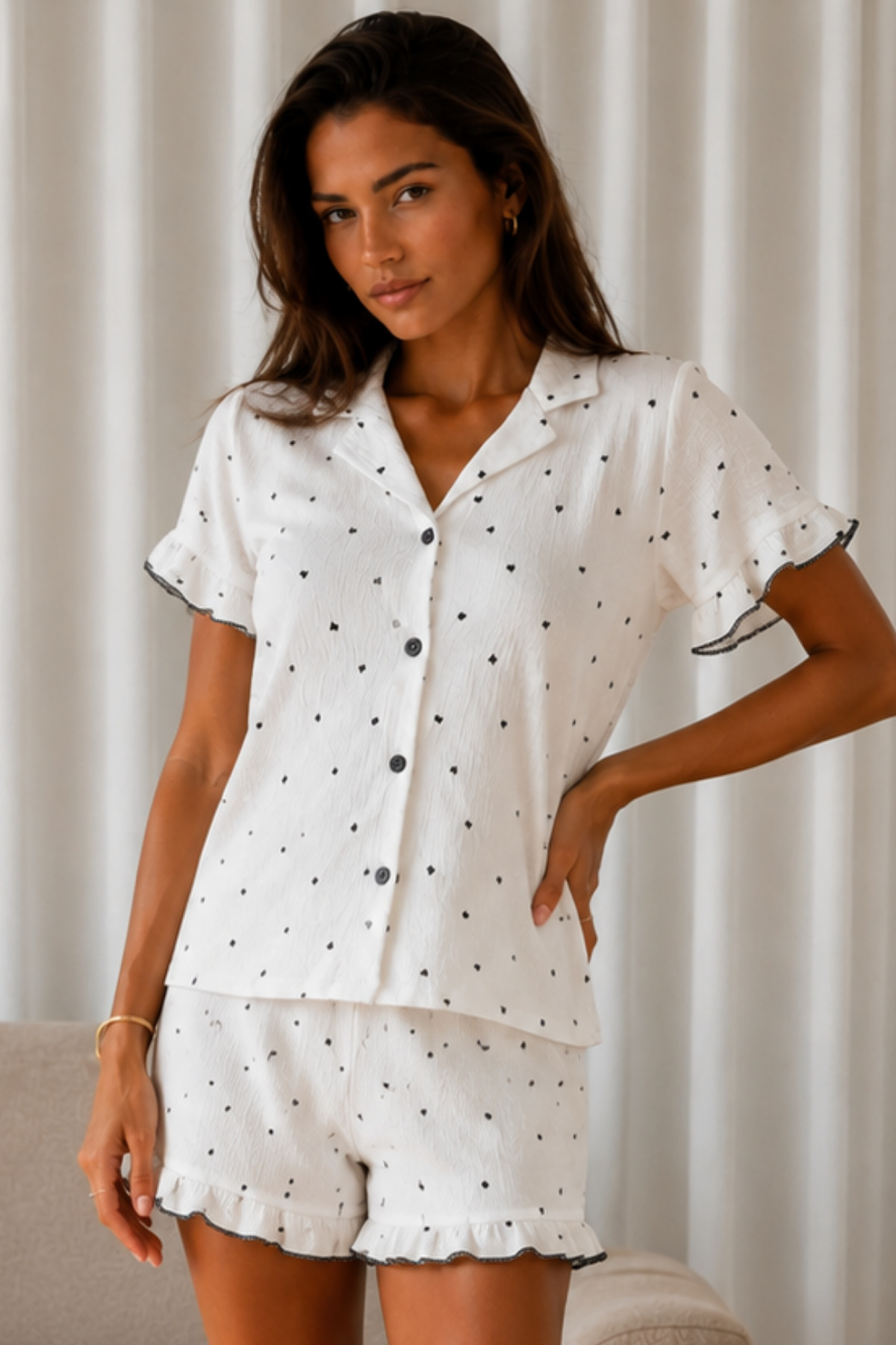 Kadın Düz Pamuk Homewear Beyaz Pijama Takımı 3