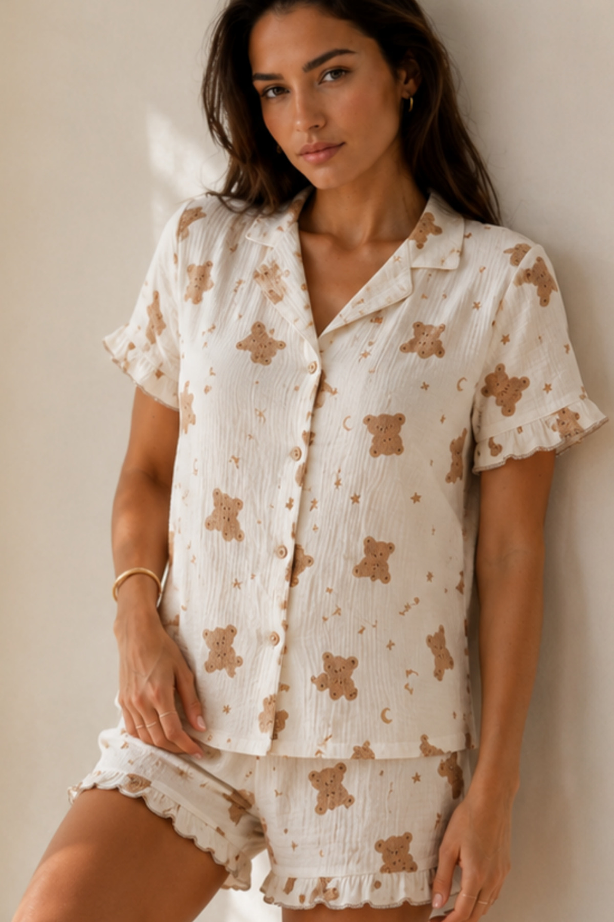 Kadın Düz Pamuk Homewear Kar Beyaz Pijama Takımı 4