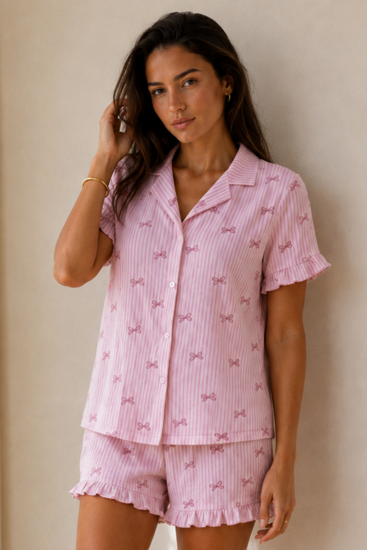 Kadın Düz Pamuk Homewear Pembe Pijama Takımı 6