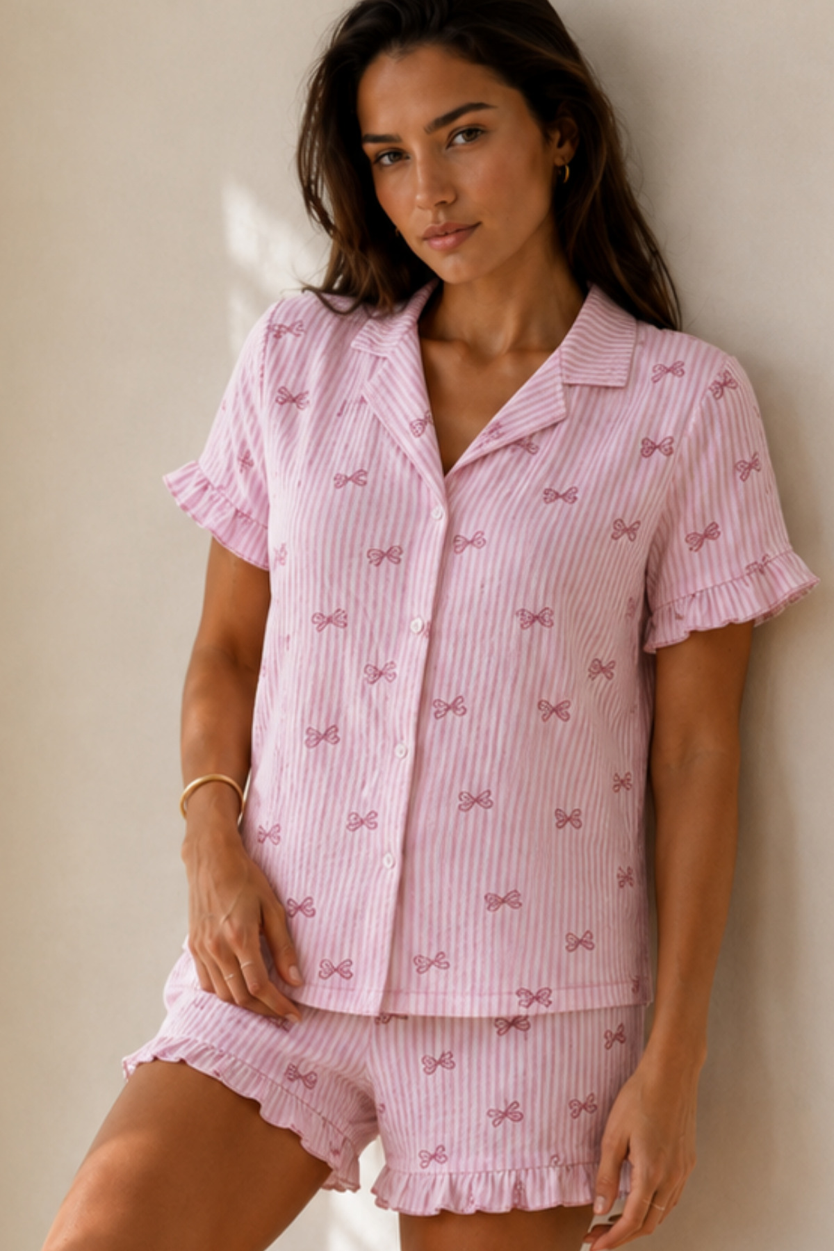 Kadın Düz Pamuk Homewear Pembe Pijama Takımı 3