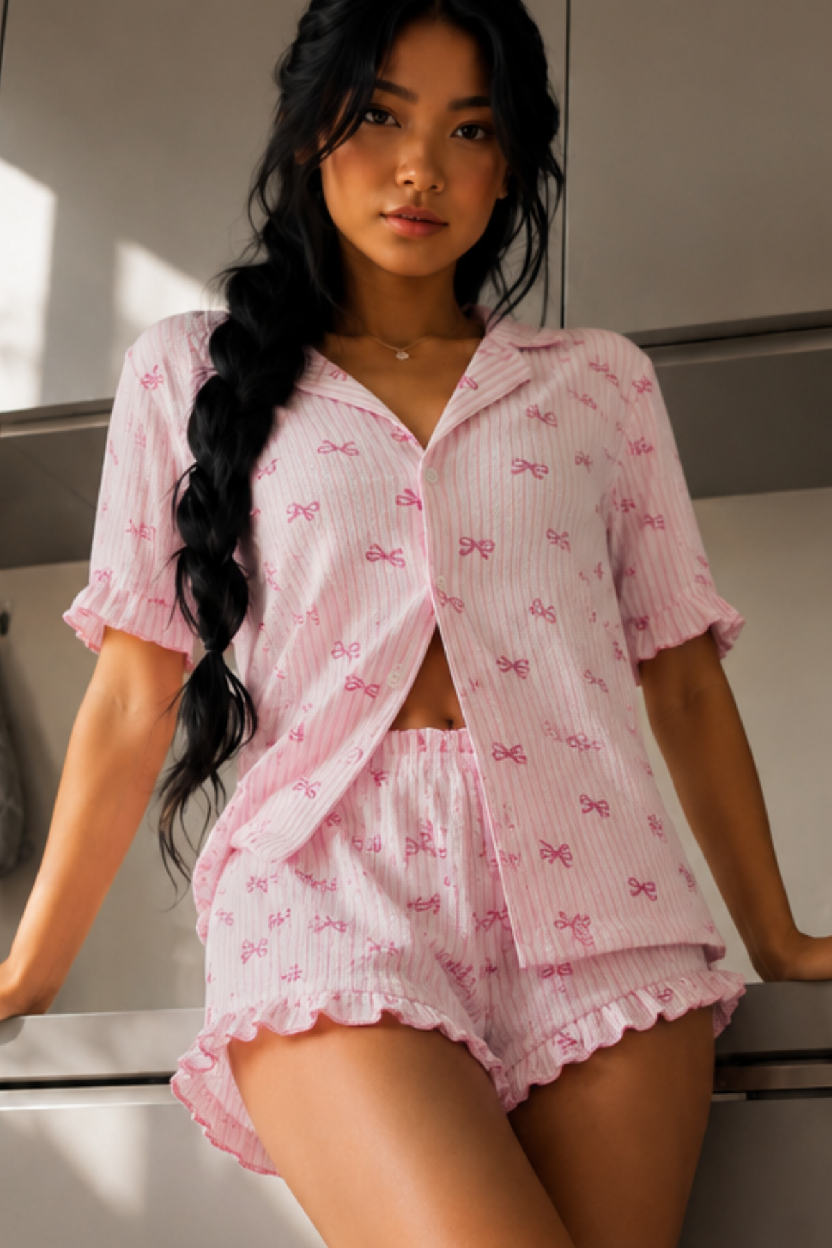 Kadın Cool Elastanlı Pembe Pijama Takımı Yazlık 6