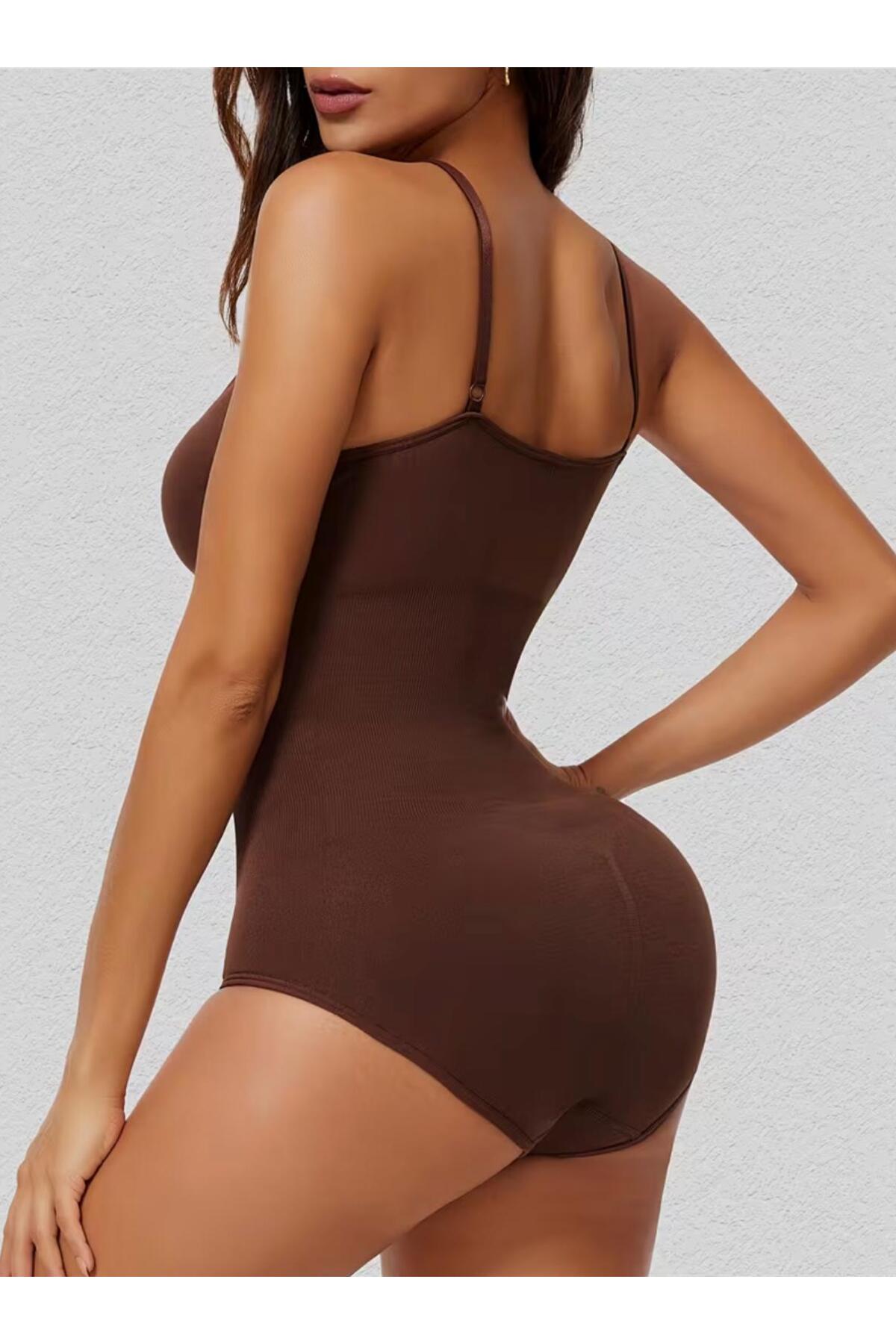 Seamless Zıbın Korse Çıtçıtlı Body 2 Beden İncelten Toparlayıcı Push Up Etkili Karın Bel Göbek Sıkılaştırıcı Kadın Body Korse 9051 Kahverengi 4