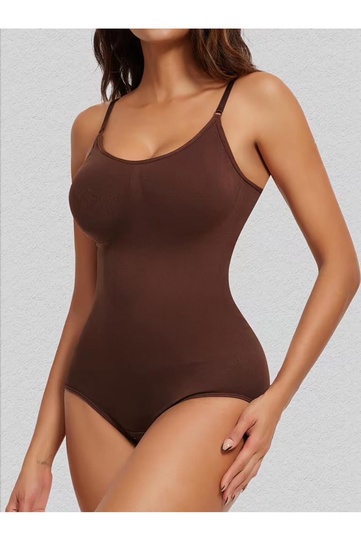 Seamless Zıbın Korse Çıtçıtlı Body 2 Beden İncelten Toparlayıcı Push Up Etkili Karın Bel Göbek Sıkılaştırıcı Kadın Body Korse 9051 Kahverengi 3
