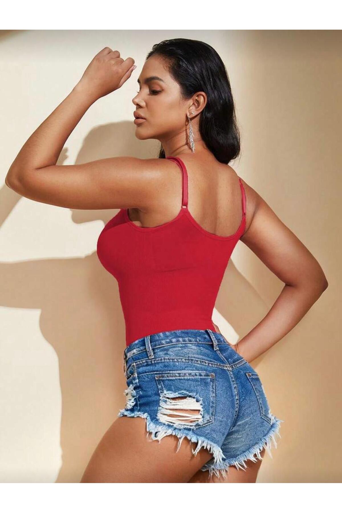Seamless Zıbın Korse Çıtçıtlı Body 2 Beden İncelten Toparlayıcı Push Up Etkili Karın Bel Göbek Sıkılaştırıcı Kadın Body Korse 9051 Kırmızı 3
