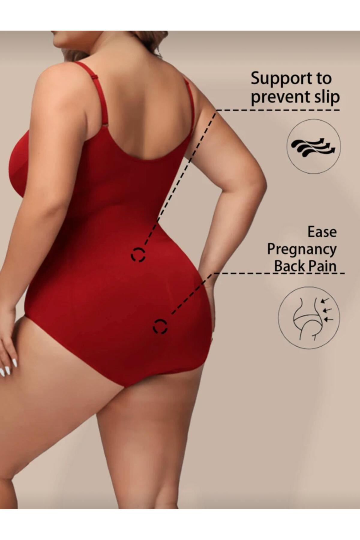 Seamless Zıbın Korse AGRAFLI Body 2 Beden İncelten Toparlayıcı Push Up Etkili Karın Bel Göbek Sıkılaştırıcı BÜYÜK BEDEN Kadın Body Korse 9051 Kırmızı 3