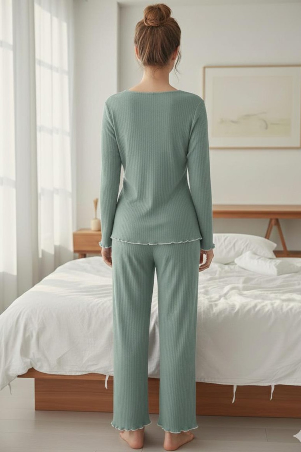 Pamuklu uzun kollu fiyonk detaylı pijama takımı 4454 çağla Yeşili 3