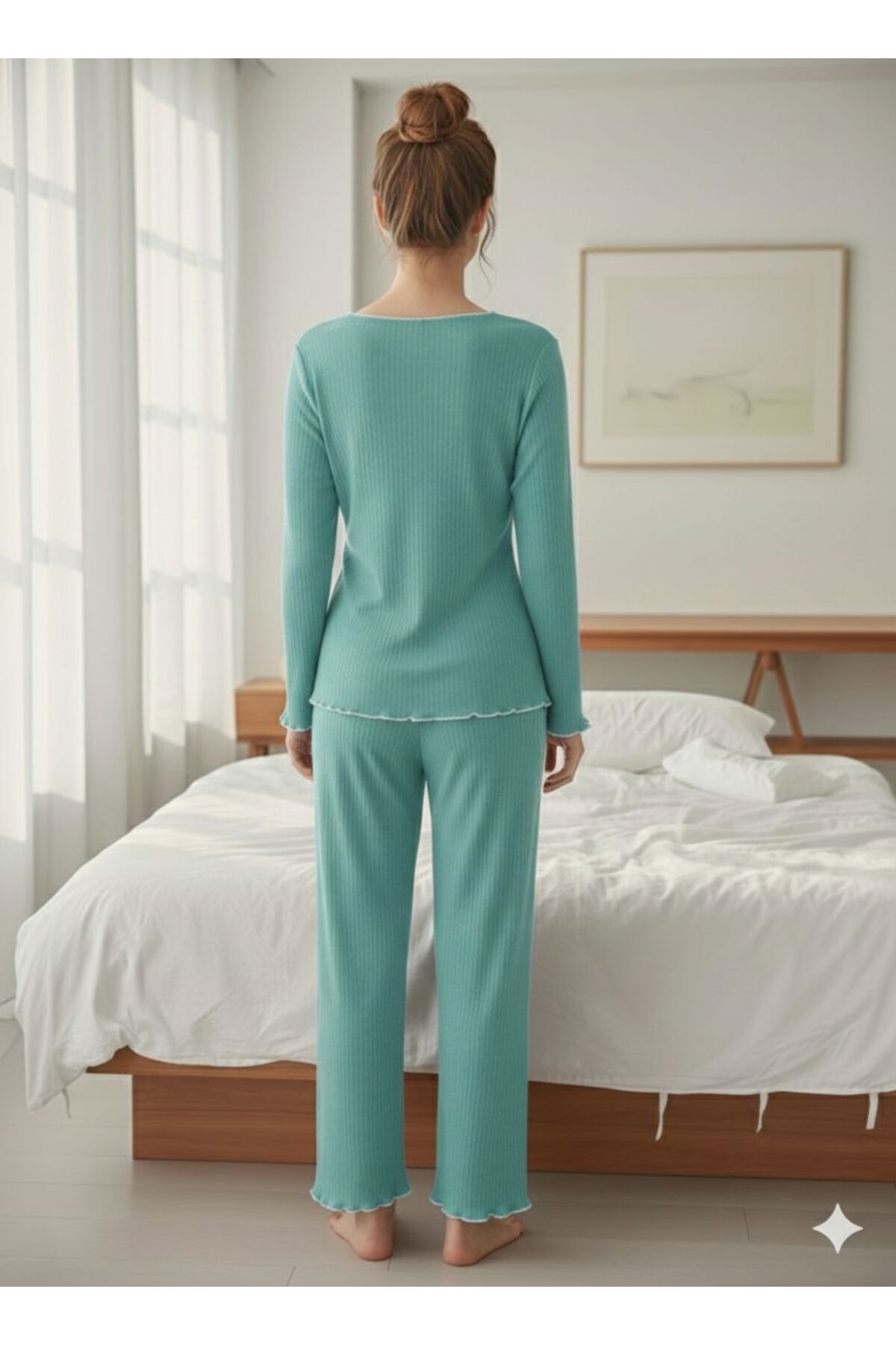 Pamuklu uzun kollu fiyonk detaylı pijama takımı 4454 Turkuaz 3