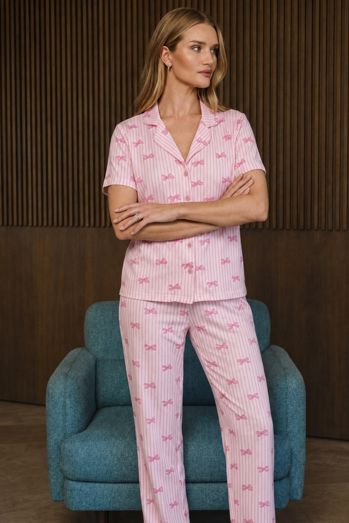 Bol Kesim V Yaka Örme Pembe Pijama Takımı 4