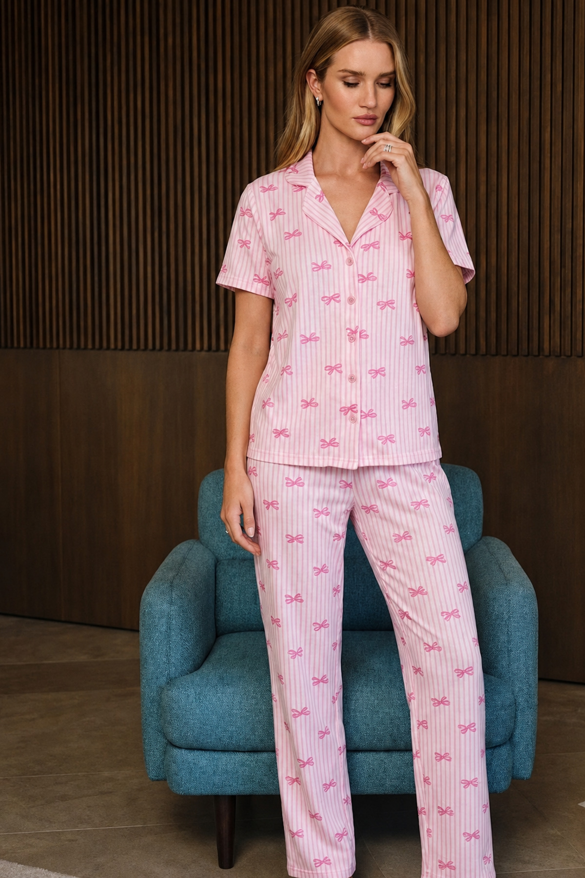 Bol Kesim V Yaka Örme Pembe Pijama Takımı 3