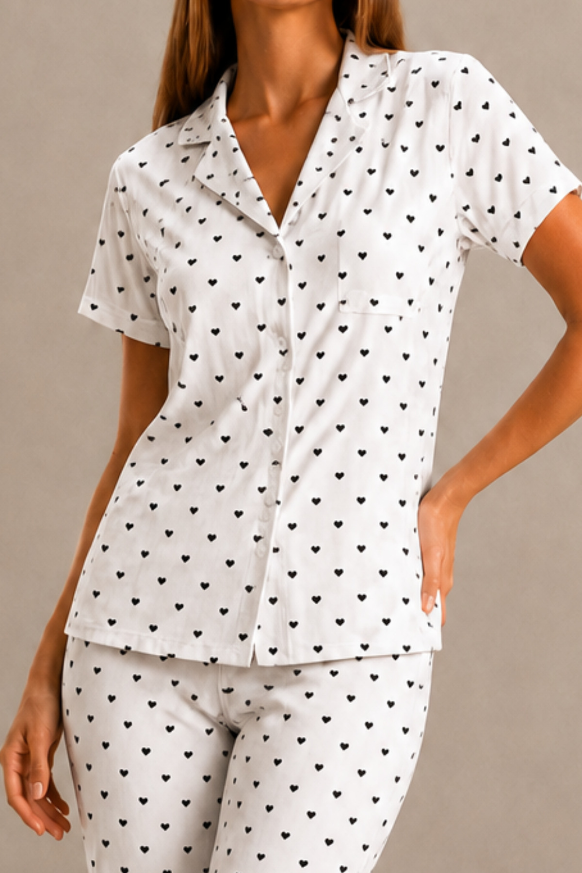 Kadın Kısa Kol Rahat Kalıp Şık Kar Beyaz Pijama Takımı 3
