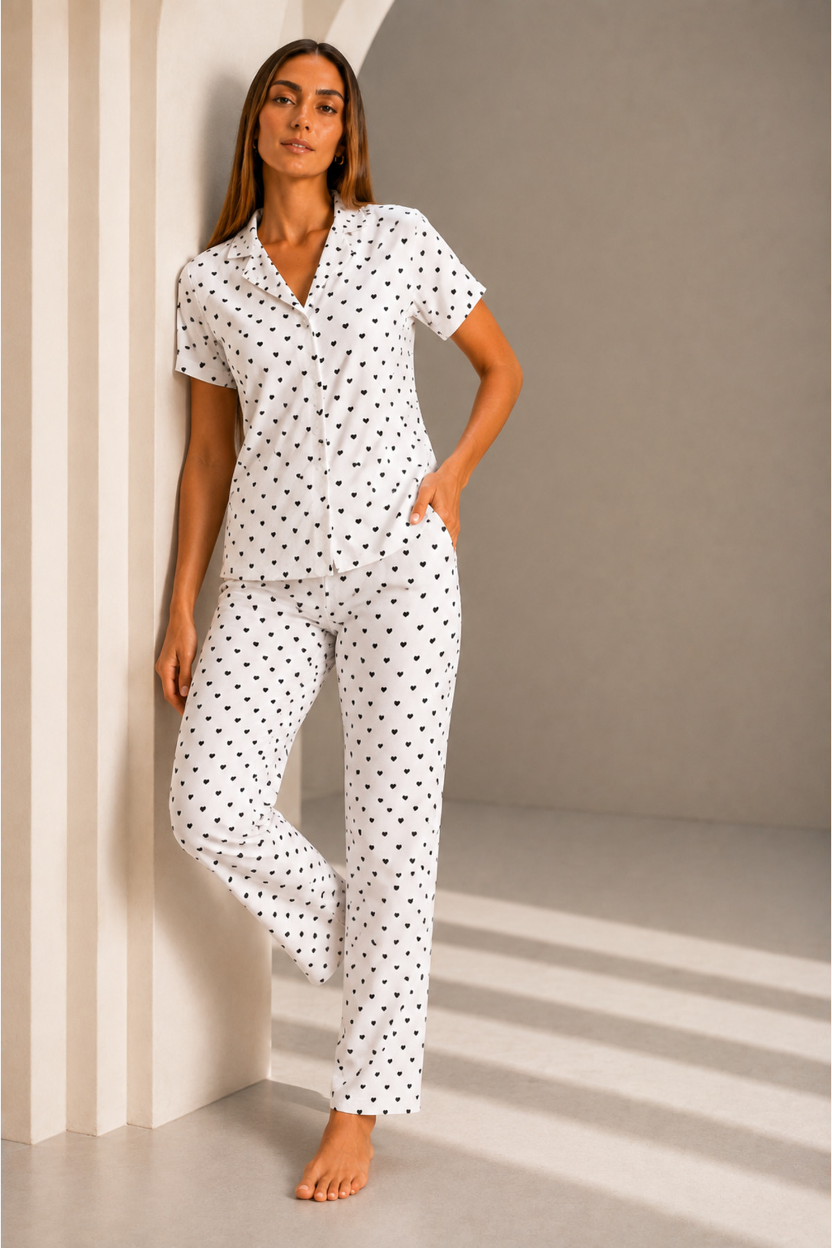 Kadın Kısa Kol Rahat Kalıp Şık Kar Beyaz Pijama Takımı 6