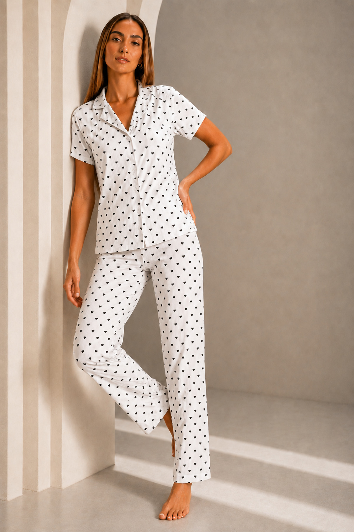 Kadın Kısa Kol Rahat Kalıp Şık Kar Beyaz Pijama Takımı 5