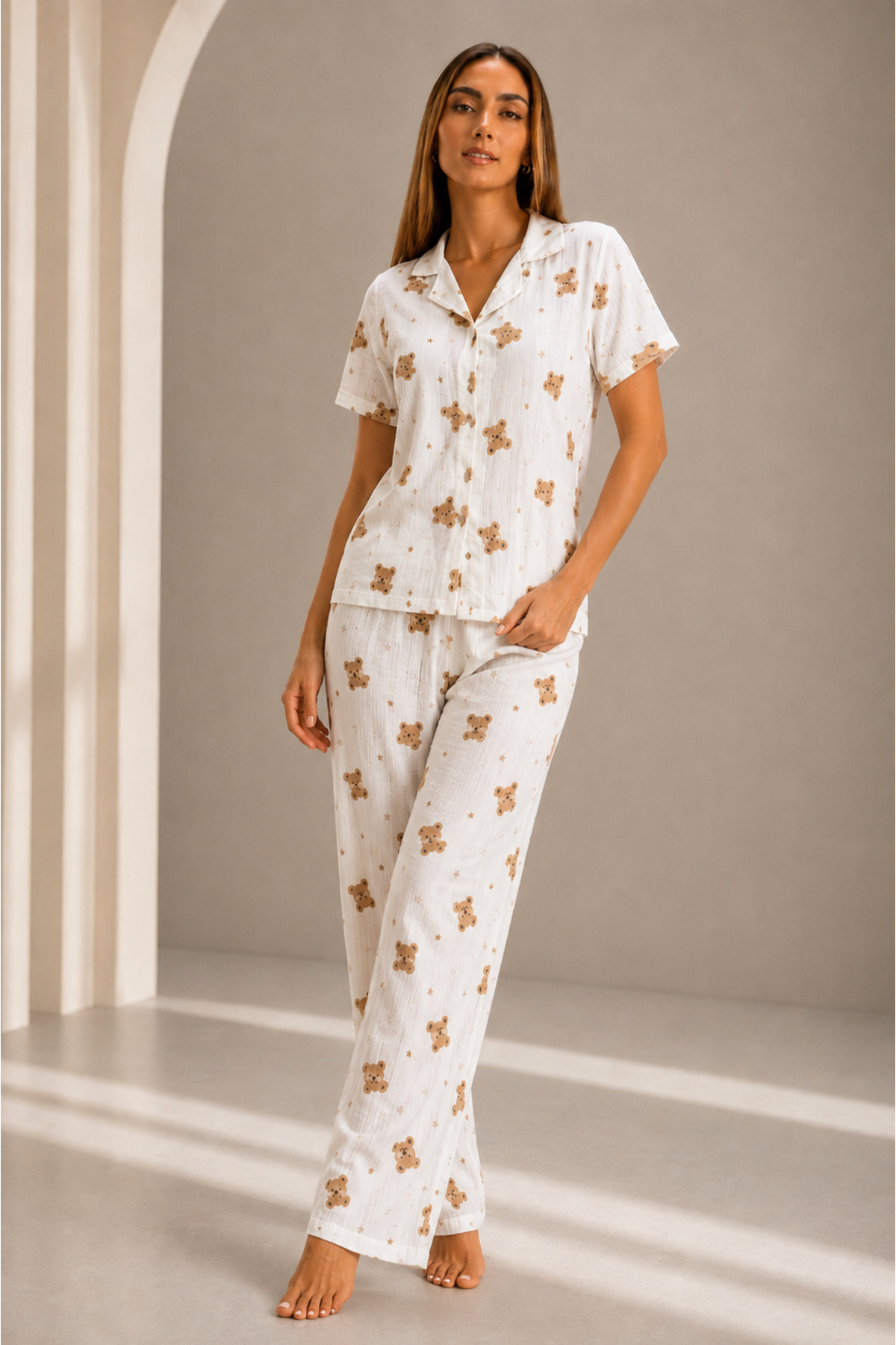 Kadın Kısa Kol Rahat Kalıp Şık Kırık Beyaz Pijama Takımı 6
