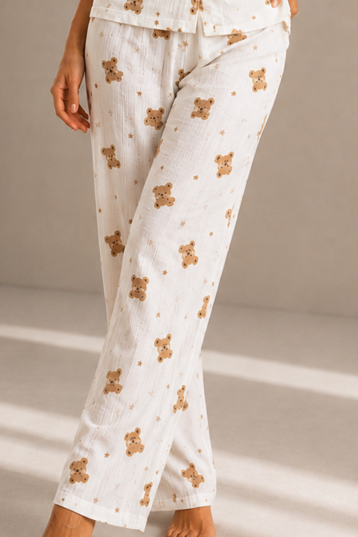 Kadın Kısa Kol Rahat Kalıp Şık Kırık Beyaz Pijama Takımı 4