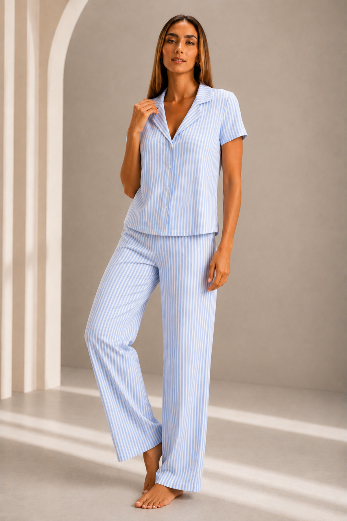 Kadın Kısa Kol Rahat Kalıp Şık Mavi Pijama Takımı 5