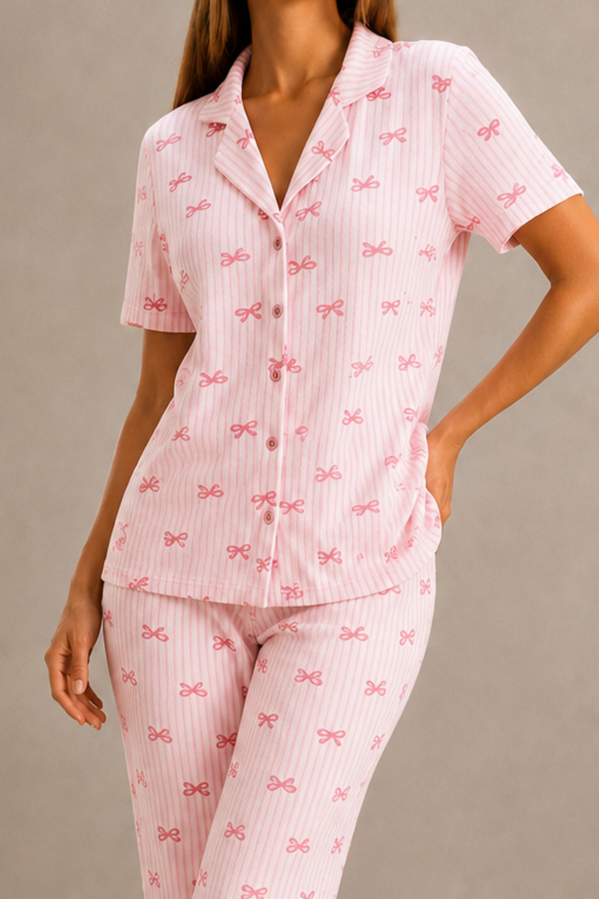Kadın Kısa Kol Rahat Kalıp Şık Pembe Pijama Takımı 3