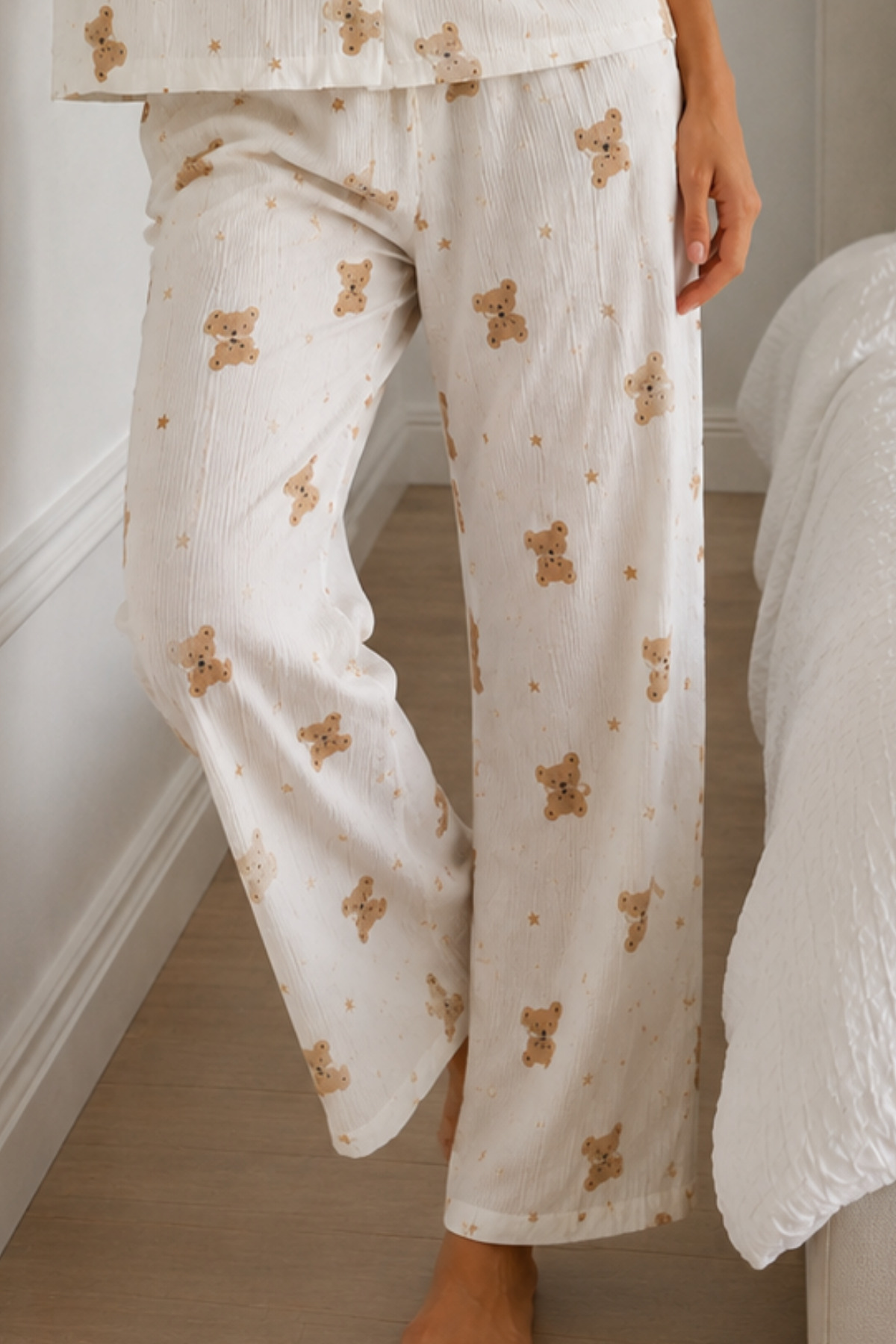 Kadın Loose Kalıp Pamuklu Kırık Beyaz Pijama Takımı 4