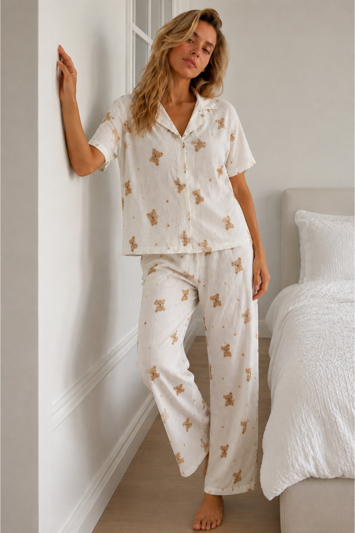 Kadın Loose Kalıp Pamuklu Kırık Beyaz Pijama Takımı 6
